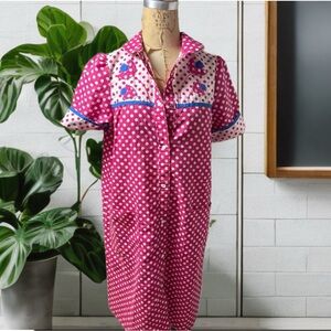 1960 Pink Polka Dot House Dress with Floral Accents and embroidered flowers